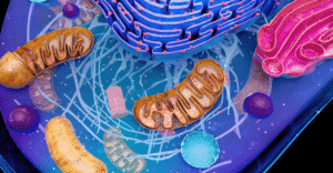 Ilustração científica de uma célula mitocondrial destacando a ativação das enzimas Sirtuínas (SIRTS) e a via metabólica da longevidade.