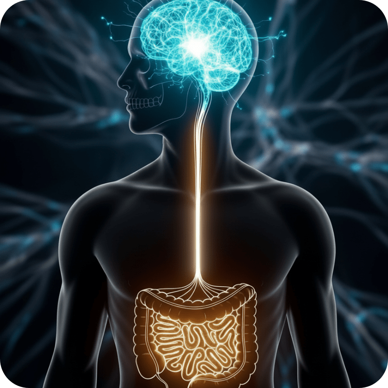 Ilustração do eixo resveratrol e intestino-cérebro, mostrando a conexão nervosa e o impacto do resveratrol na microbiota da flora intestinal.